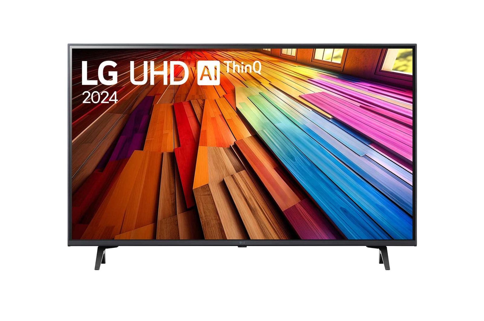 Tampak depan LG UHD TV, UT80 dengan teks LG UHD AI ThinQ,, 2024, dan logo webOS Re:New Program di layar