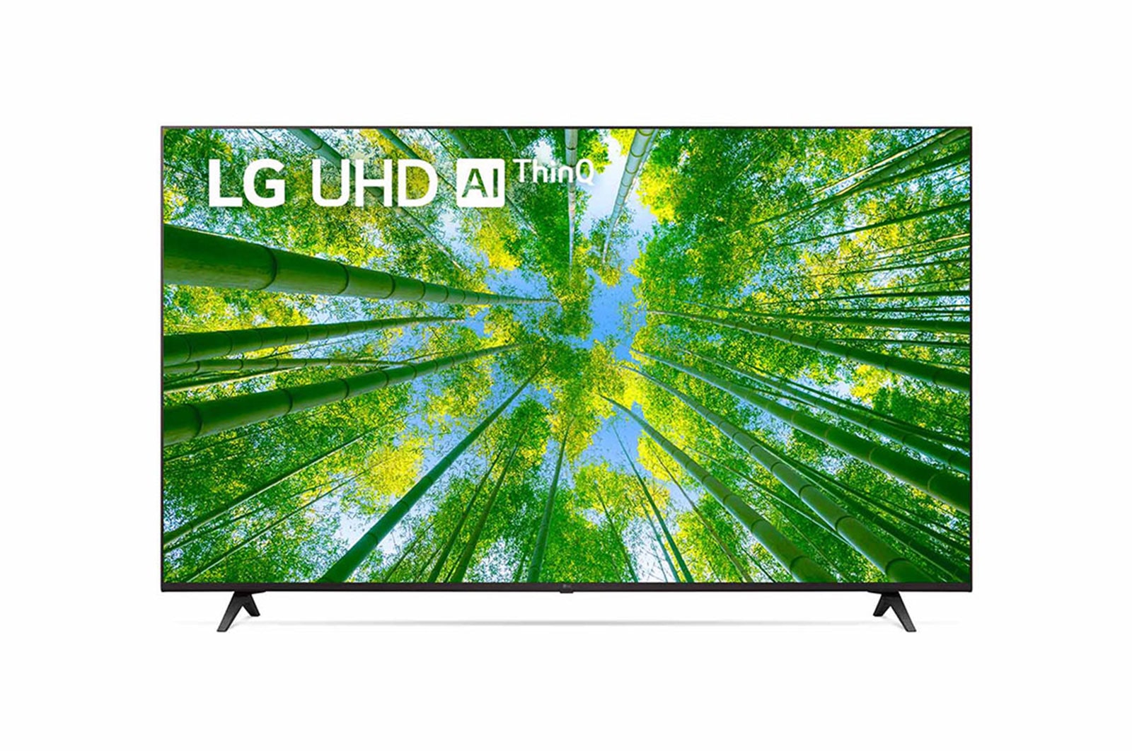 Tampak depan LG UHD TV dengan gambar sisipan dan logo produk menyala