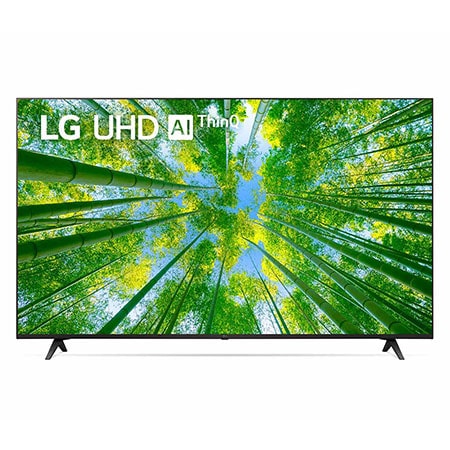 Tampak depan LG UHD TV dengan gambar sisipan dan logo produk menyala