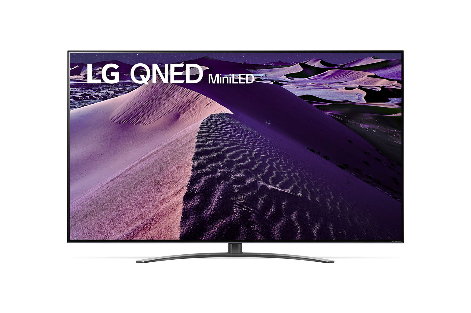 Tampilan depan TV LG QNED dengan gambar pengisi dan logo produk menyala