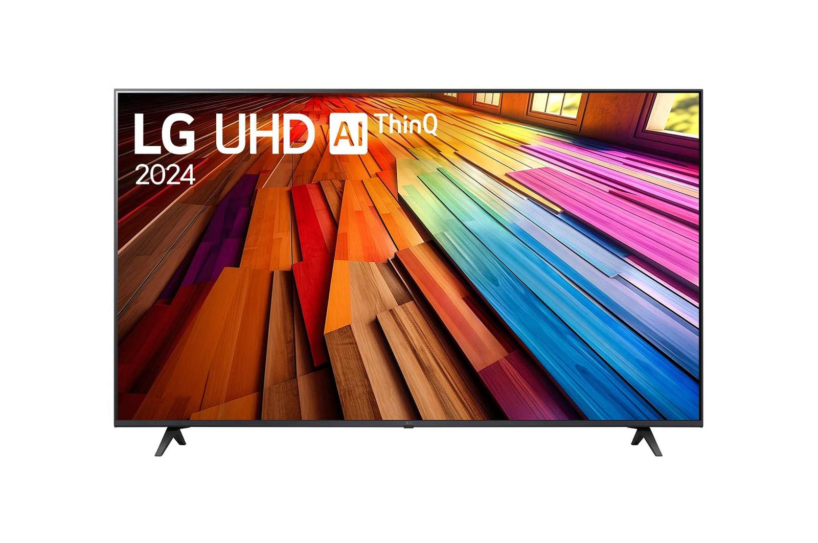 Tampak depan LG UHD TV, UT80 dengan teks LG UHD AI ThinQ,, 2024, dan logo webOS Re:New Program di layar