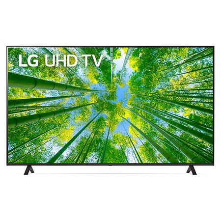 Tampak depan LG UHD TV dengan gambar sisipan dan logo produk menyala
