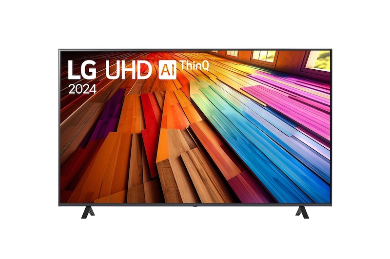 Tampak depan LG UHD TV, UT80 dengan teks LG UHD AI ThinQ,, 2024, dan logo webOS Re:New Program di layar