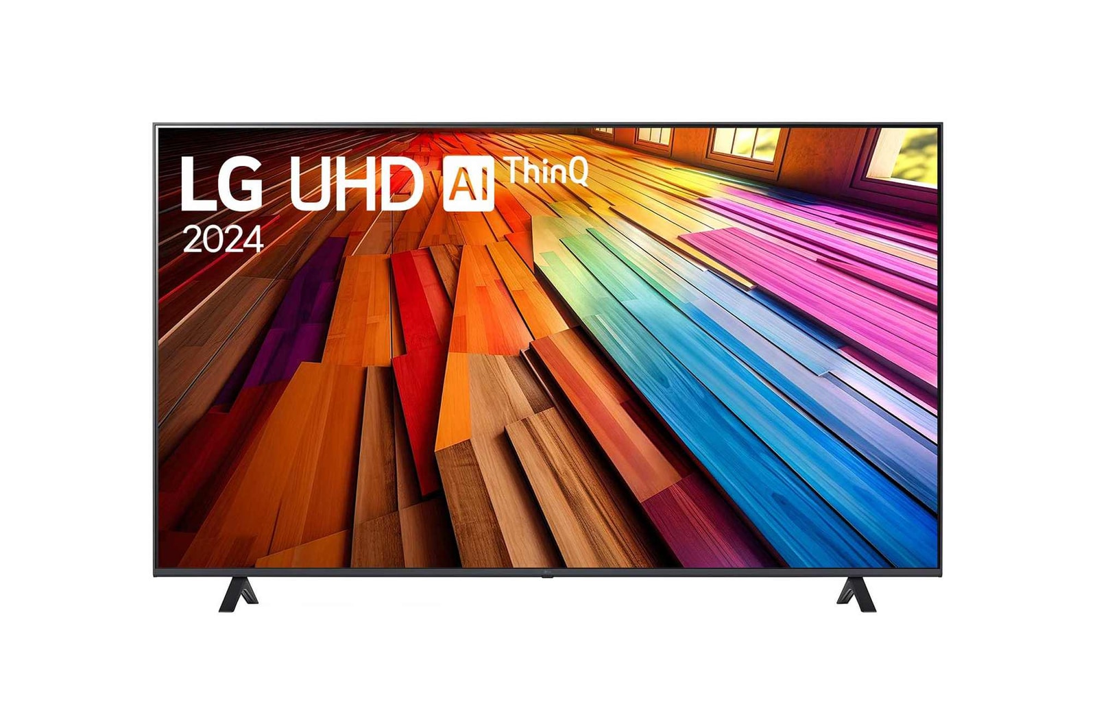 Tampak depan LG UHD TV, UT80 dengan teks LG UHD AI ThinQ,, 2024, dan logo webOS Re:New Program di layar