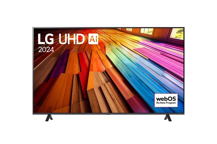 Tampak depan LG UHD TV, 75UT80 dengan teks LG UHD AI ThinQ, 2024, dan logo webOS Re:New Program di layar