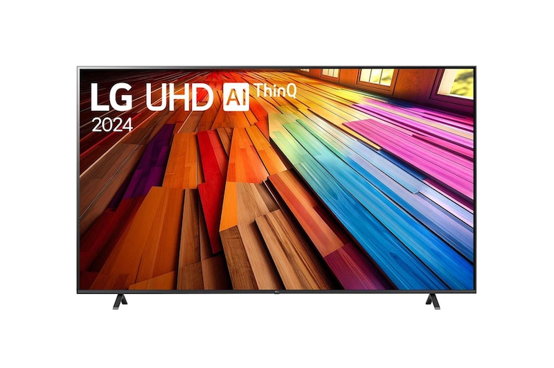 Tampak depan LG UHD TV, UT80 dengan teks LG UHD AI ThinQ,, 2024, dan logo webOS Re:New Program di layar