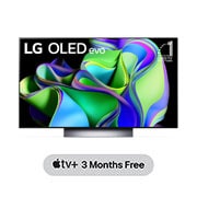 Tampak depan dengan LG OLED evo dan Emblem 10 Years World No.1 OLED di layar.