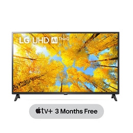 Tampak depan LG UHD TV dengan gambar sisipan dan logo produk menyala