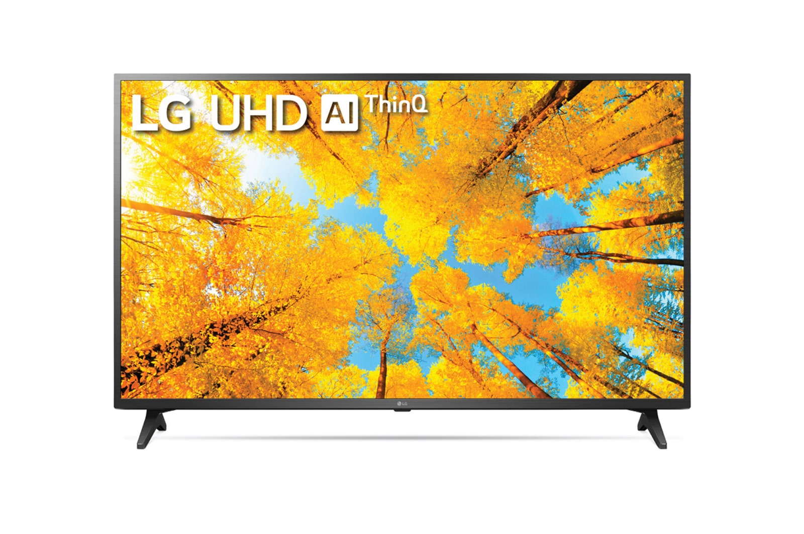 Tampak depan LG UHD TV dengan gambar sisipan dan logo produk menyala