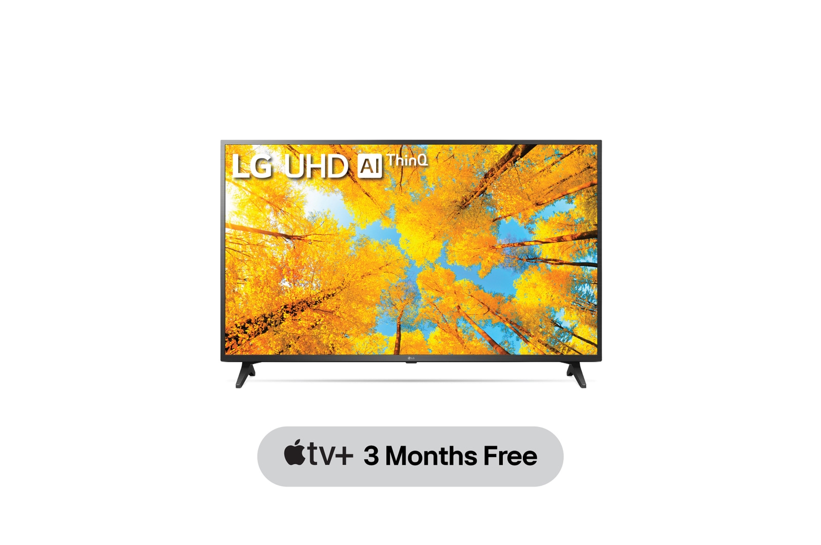 Tampak depan LG UHD TV dengan gambar sisipan dan logo produk menyala