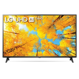 Tampak depan LG UHD TV dengan gambar sisipan dan logo produk menyala