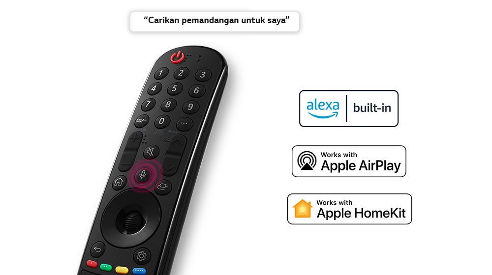 Sebuah remote control dengan gelembung ucapan yang bertuliskan “Carikan pemandangan untuk saya”. Logo layanan OTT berafiliasi ditampilkan.