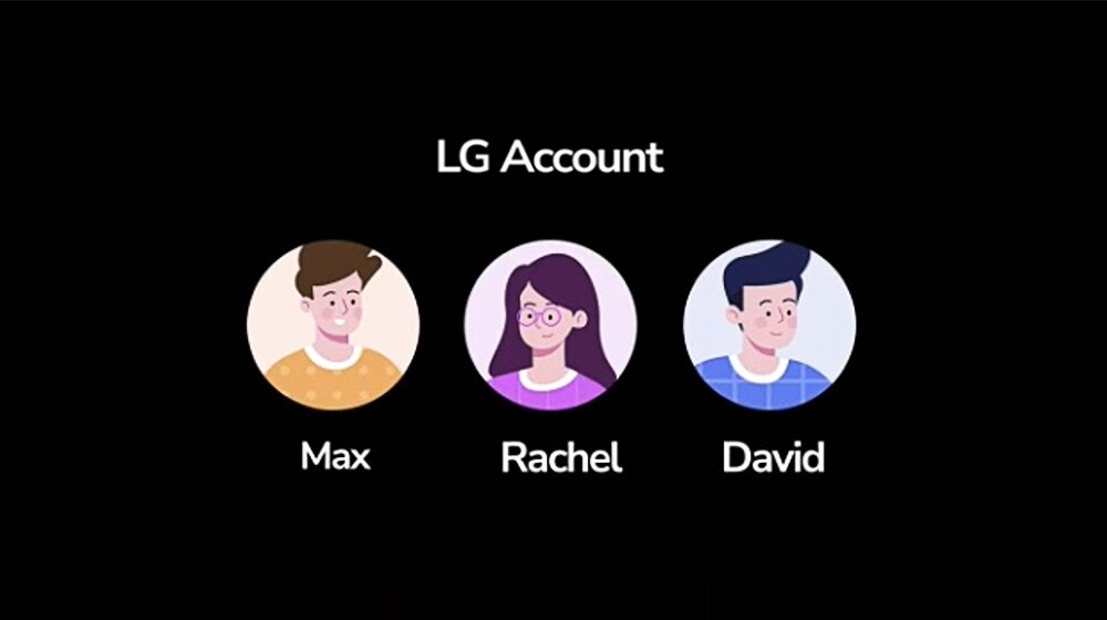 Ada piktogram tiga pengguna di Akun LG - nama di bawah setiap wajah adalah Max, Rachel, dan David.