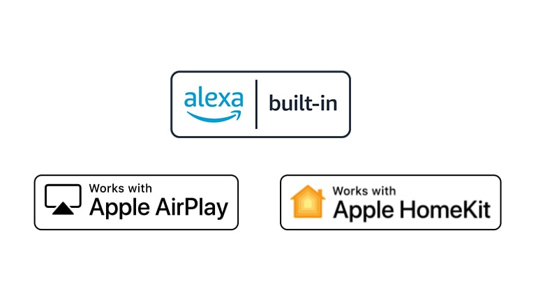Detail yang menunjukkan logo Hey Google, alexa, Apple Airplay, dan Apple HomeKit yang kompatibel dengan ThinQ AI.