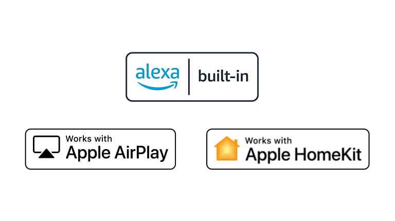Detail yang menunjukkan logo Hey Google, alexa, Apple Airplay, dan Apple HomeKit yang kompatibel dengan ThinQ AI.