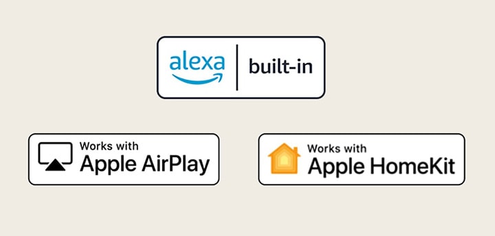 Detail yang menunjukkan logo Hey Google, alexa, Apple Airplay, dan Apple HomeKit yang kompatibel dengan ThinQ AI.