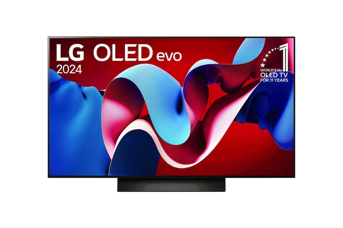 Tampak depan dengan TV LG OLED evo, OLED C4, Emblem OLED nomor 1 dunia selama 11 Tahun dan webOS Re:New Program di layar