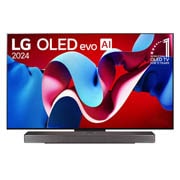 Tampak depan dengan TV AI LG OLED evo, OLED C4, Emblem OLED nomor 1 dunia selama 11 Tahun dan webOS Re:Logo New Program di layar, serta Soundbar di bawahnya