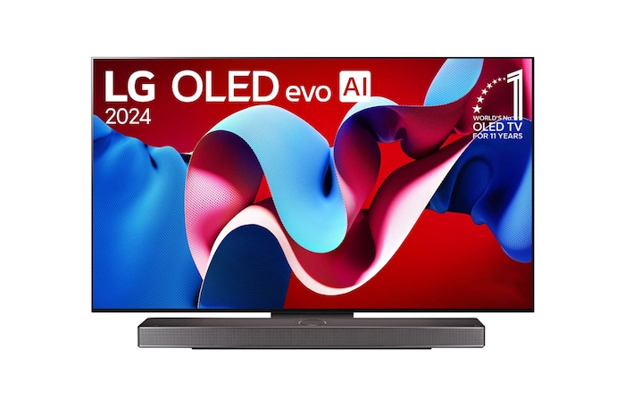 Tampak depan dengan TV AI LG OLED evo, OLED C4, Emblem OLED nomor 1 dunia selama 11 Tahun dan webOS Re:Logo New Program di layar, serta Soundbar di bawahnya