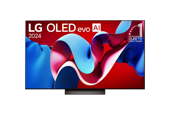 Tampak depan dengan TV AI LG OLED evo, OLED C4, Emblem OLED nomor 1 dunia selama 11 Tahun dan webOS Re:Logo New Program di layar