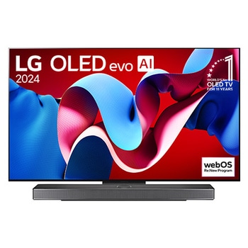 Tampak depan dengan TV AI LG OLED evo, OLED C4, Emblem OLED nomor 1 dunia selama 11 Tahun dan webOS Re:Logo New Program di layar, serta Soundbar di bawahnya