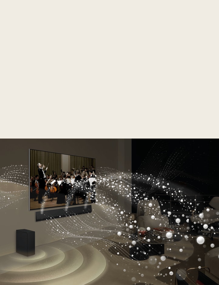 LG OLED TV dan soundbar dipasang di dinding ruang tamu dan grafis berbentuk cerah di sekeliling ruangan.