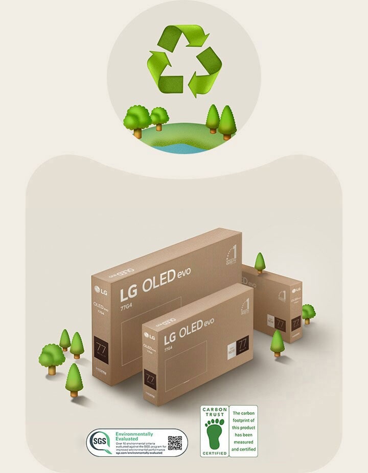 Kemasan LG OLED dengan latar belakang krem ​​dengan ilustrasi pepohonan. 