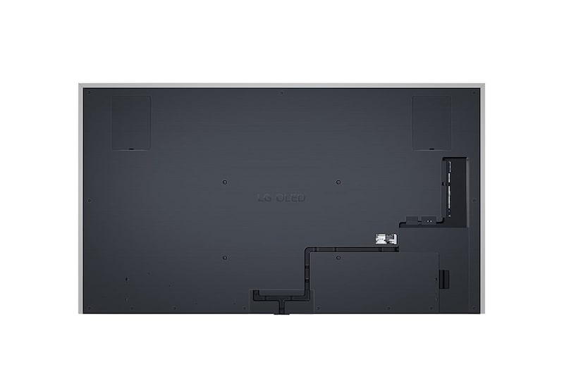 Tampak samping agak miring ke kanan TV LG OLED evo, OLED G4 di dinding