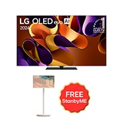 Tampak depan dengan TV LG OLED evo, OLED G4, Emblem OLED nomor 1 dunia selama 11 Tahun dan logo Garansi Panel 5 Tahun di layar, serta Soundbar di bawah