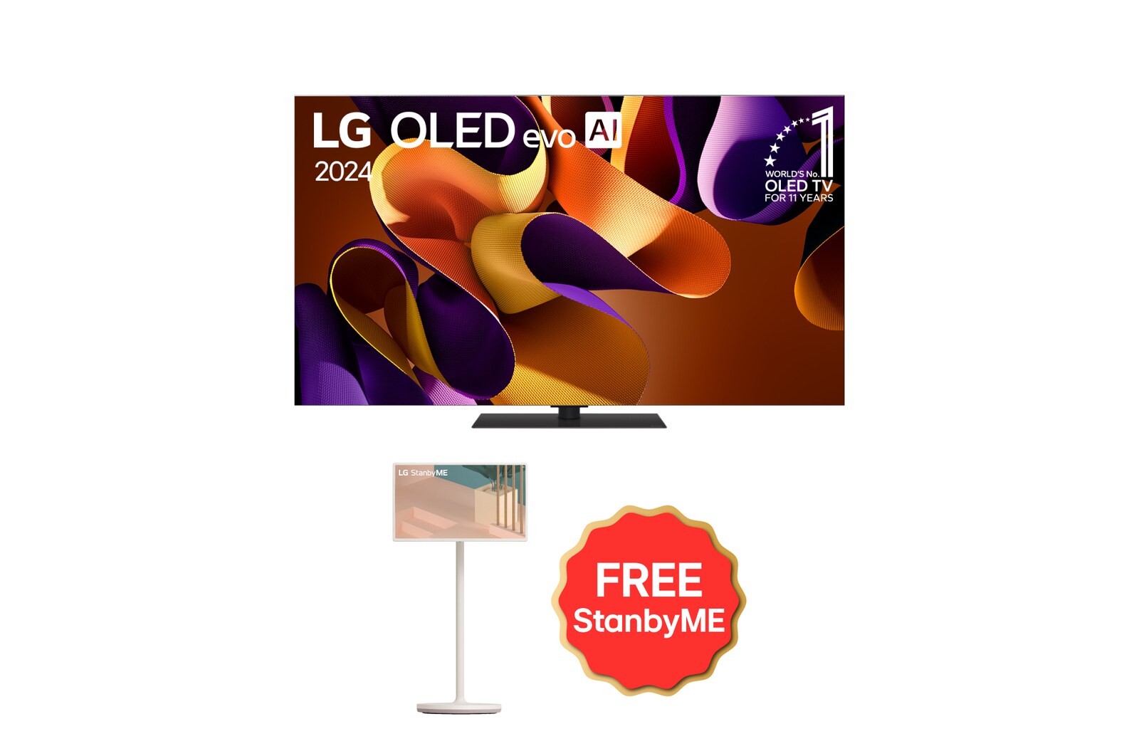 Tampak depan dengan TV LG OLED evo, OLED G4, Emblem OLED nomor 1 dunia selama 11 Tahun dan logo Garansi Panel 5 Tahun di layar, serta Soundbar di bawah