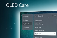 Tampilan miring LG OLED G3 di dinding apartemen dengan pemandangan kota dengan Soundbar di bawahnya.