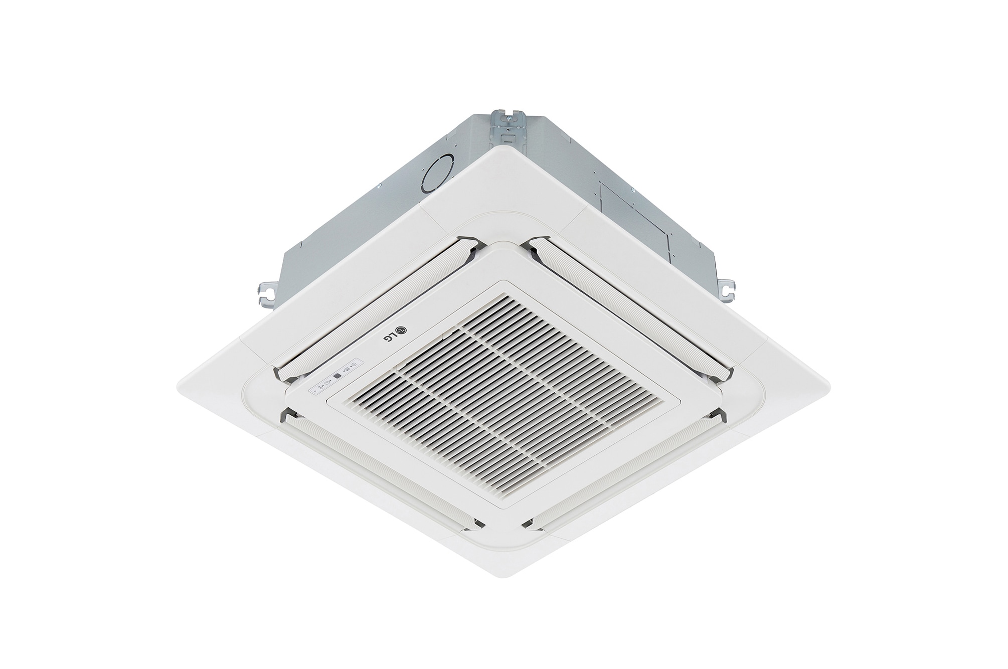 LG Ceiling Cassette ARNU07GTRB4 terdiri dari bagian atas berwarna abu-abu dan bagian bawah berwarna putih. Di bagian bawah, terdapat kipas di keempat arah, sehingga udara dapat mengalir.
