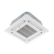 LG Ceiling Cassette ARNU07GTRB4 terdiri dari bagian atas berwarna abu-abu dan bagian bawah berwarna putih. Di bagian bawah, terdapat kipas di keempat arah, sehingga udara dapat mengalir.