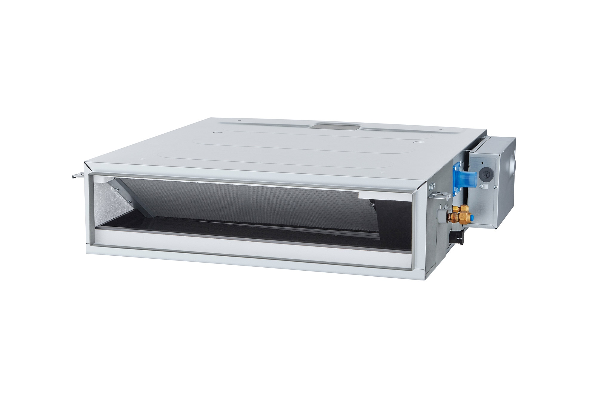 'LG Concealed Duct ARNU09GL1G4 merupakan parallelepiped persegi panjang berwarna abu-abu dengan beberapa saluran masuk udara di sisi kanan dan ventilasi udara keluar di bagian depan.