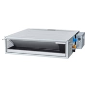 'LG Concealed Duct ARNU09GL1G4 merupakan parallelepiped persegi panjang berwarna abu-abu dengan beberapa saluran masuk udara di sisi kanan dan ventilasi udara keluar di bagian depan.