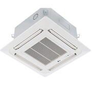 LG Ceiling Cassette ARNU09GTRB4 terdiri dari bagian atas berwarna abu-abu dan bagian bawah berwarna putih. Di bagian bawah, terdapat kipas di keempat arah, sehingga udara dapat mengalir.