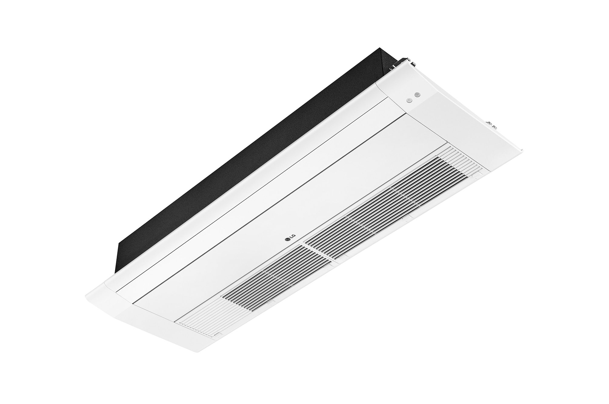 LG Ceiling Cassette ARNU09GTUB4 berbentuk persegi panjang dan datar. Terdapat panel yang dapat digerakkan di bagian depan dan lubang panjang di bagian belakang sehingga udara dapat masuk dan keluar.