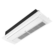 LG Ceiling Cassette ARNU09GTUB4 berbentuk persegi panjang dan datar. Terdapat panel yang dapat digerakkan di bagian depan dan lubang panjang di bagian belakang sehingga udara dapat masuk dan keluar.