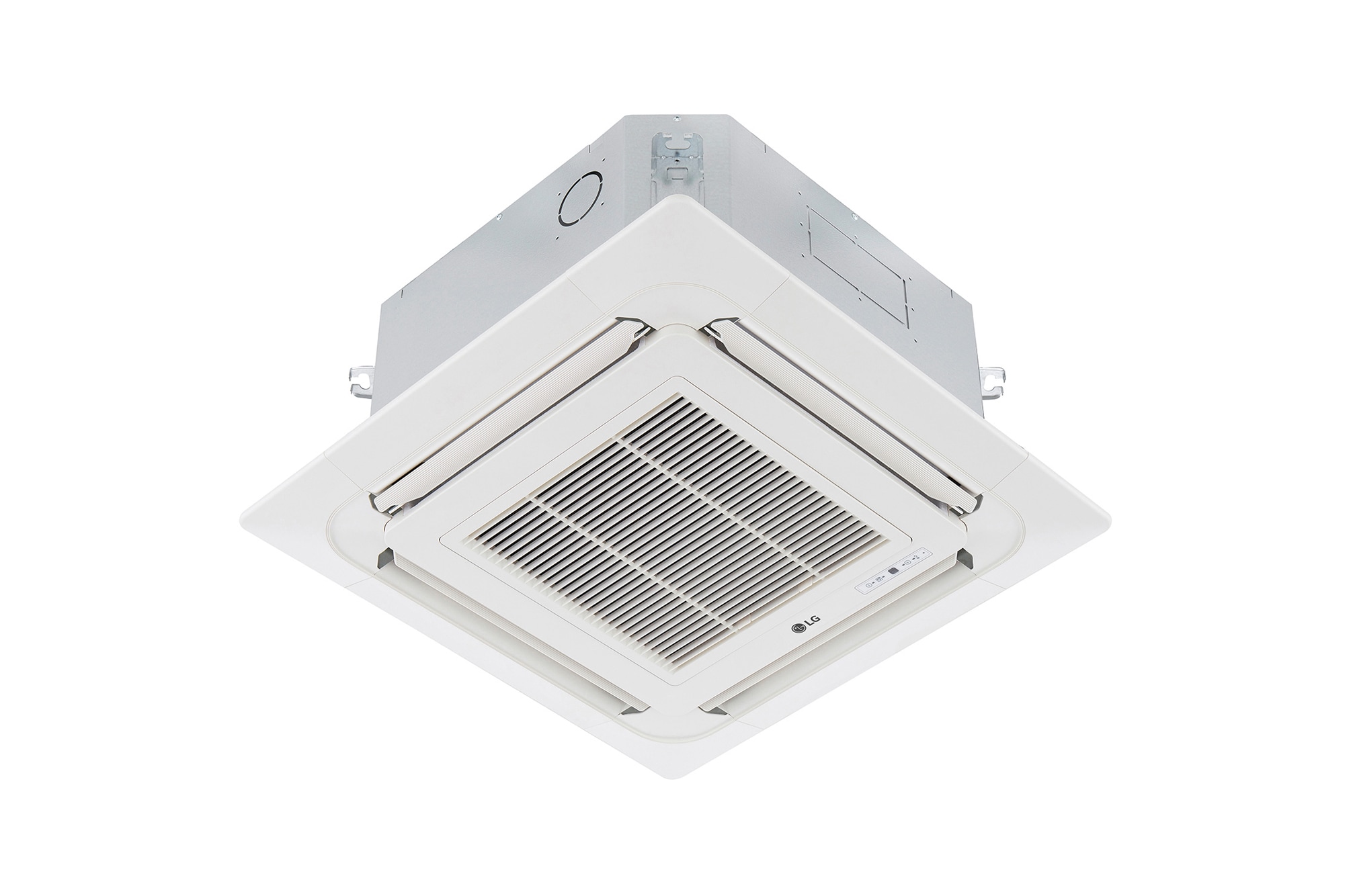 'LG Ceiling Cassette ARNU15GTQB4 terdiri dari bagian atas berwarna abu-abu dan bagian bawah berwarna putih. Di bagian bawah, terdapat kipas di keempat arah, sehingga udara dapat mengalir.