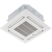 'LG Ceiling Cassette ARNU15GTQB4 terdiri dari bagian atas berwarna abu-abu dan bagian bawah berwarna putih. Di bagian bawah, terdapat kipas di keempat arah, sehingga udara dapat mengalir.