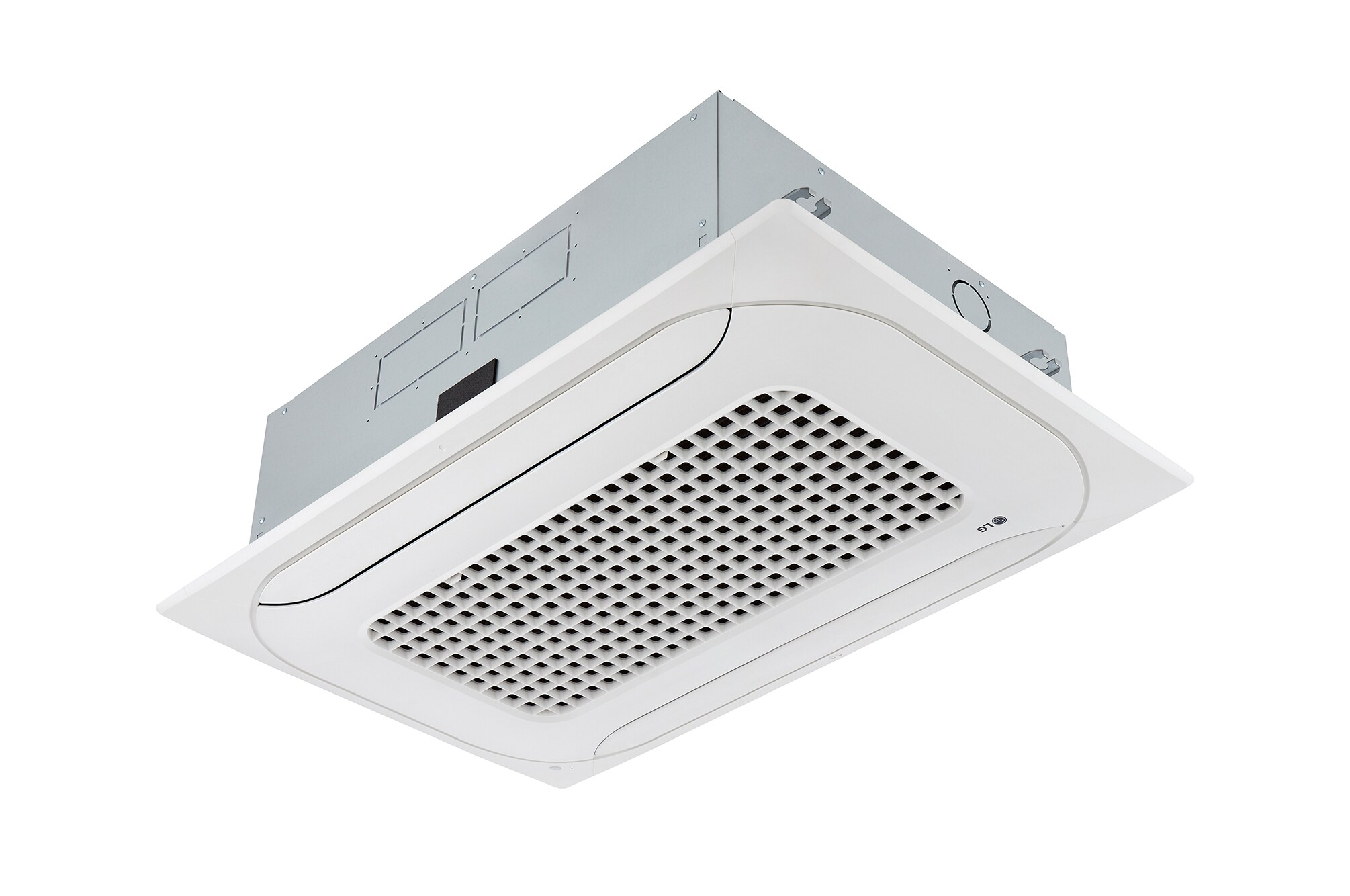 LG Ceiling Cassette ARNU18GTSA4 adalah pelat putih di bawah kotak silver. Pelat ini memiliki dua lorong untuk memungkinkan aliran udara dua arah.