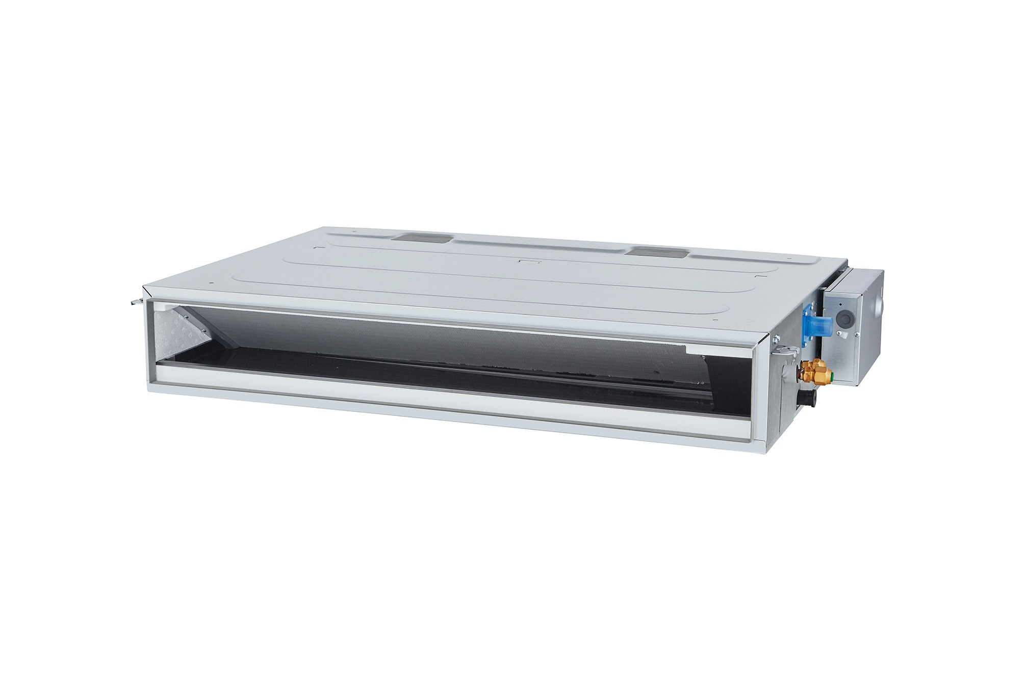 'LG Concealed Duct ARNU21GL3G4 merupakan parallelepiped persegi panjang berwarna abu-abu dengan beberapa saluran masuk udara di sisi kanan dan ventilasi udara keluar di bagian depan.