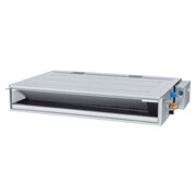 'LG Concealed Duct ARNU21GL3G4 merupakan parallelepiped persegi panjang berwarna abu-abu dengan beberapa saluran masuk udara di sisi kanan dan ventilasi udara keluar di bagian depan.
