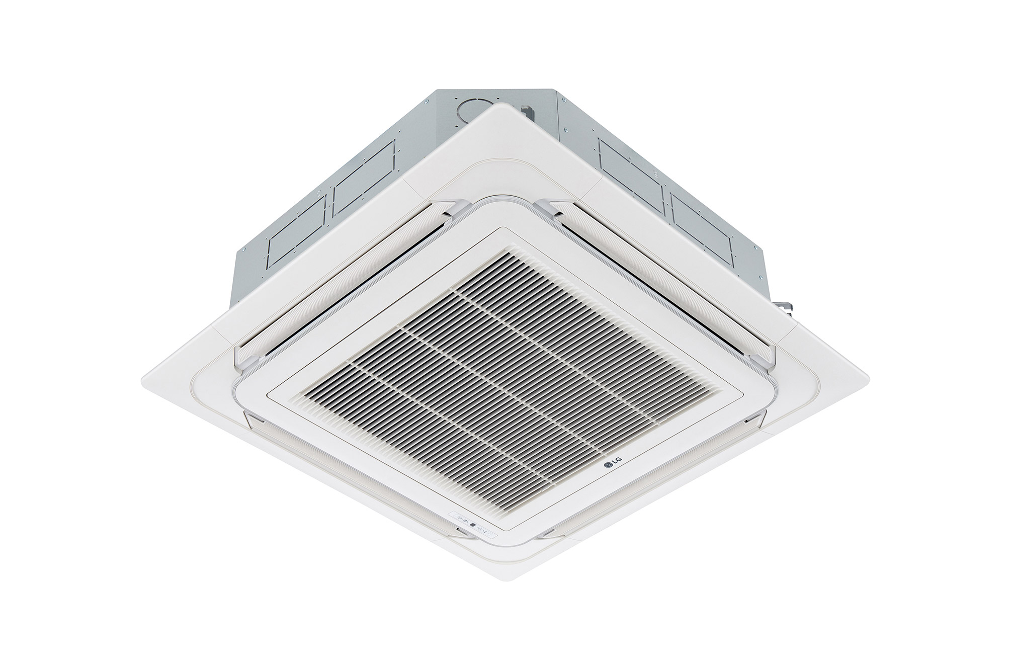 LG Ceiling Cassette ARNU28GTPA4 terdiri dari bagian atas dan bawah berwarna putih. Di bagian bawah, terdapat kipas di keempat arah, sehingga udara dapat mengalir.