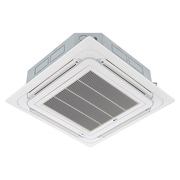 LG Ceiling Cassette ARNU28GTPA4 terdiri dari bagian atas dan bawah berwarna putih. Di bagian bawah, terdapat kipas di keempat arah, sehingga udara dapat mengalir.