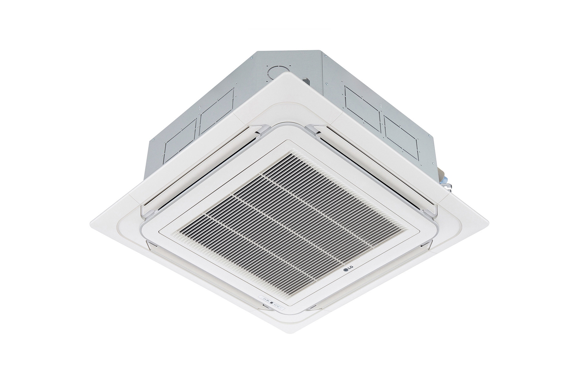 LG Ceiling Cassette ARNU42GTMA4 terdiri dari bagian atas dan bawah berwarna putih. Di bagian bawah, terdapat kipas di keempat arah, sehingga udara dapat mengalir.