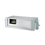 LG Concealed Duct ARNU76GB8Z4 merupakan parallelepiped persegi panjang berwarna abu-abu dengan beberapa saluran masuk udara di sisi kanan dan ventilasi udara keluar kecil di bagian depan.