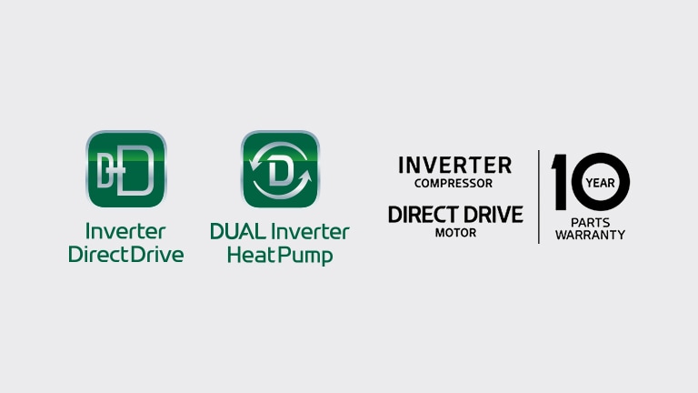 There is a Inverter Direct Drive logo and a 10-year warranty logo.
