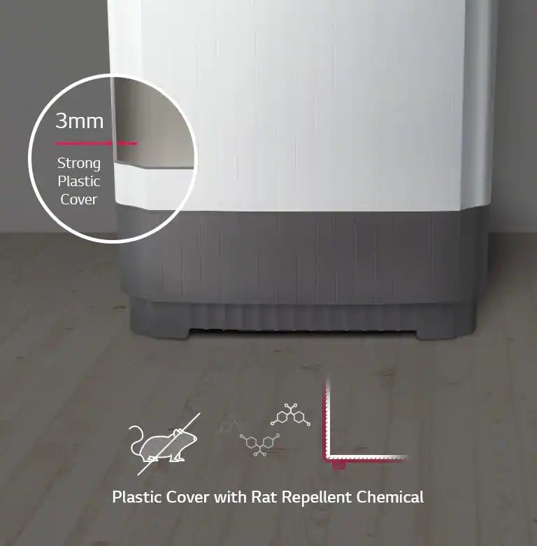 Bagian bawah mesin cuci LG dengan penutup plastik 3mm yang kuat dan bahan kimia penolak tikus untuk perlindungan ekstra.