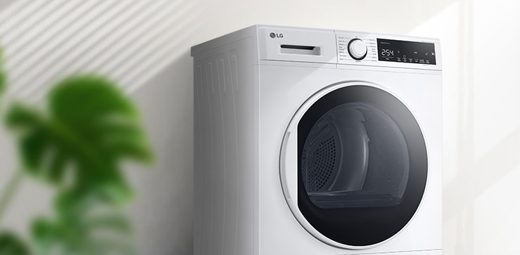 Ada pengering dengan pemandangan pintu yang bagus di latar belakang interior.